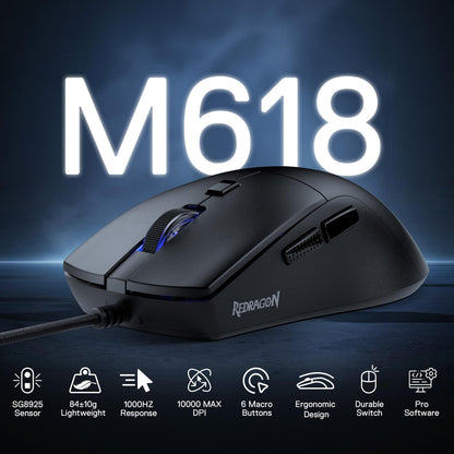 Redragon M618 Wired Gaming Mouse - 10000 DPI, Ergonomic, 6 Programmable Buttons, Ultra Lightweight, Black