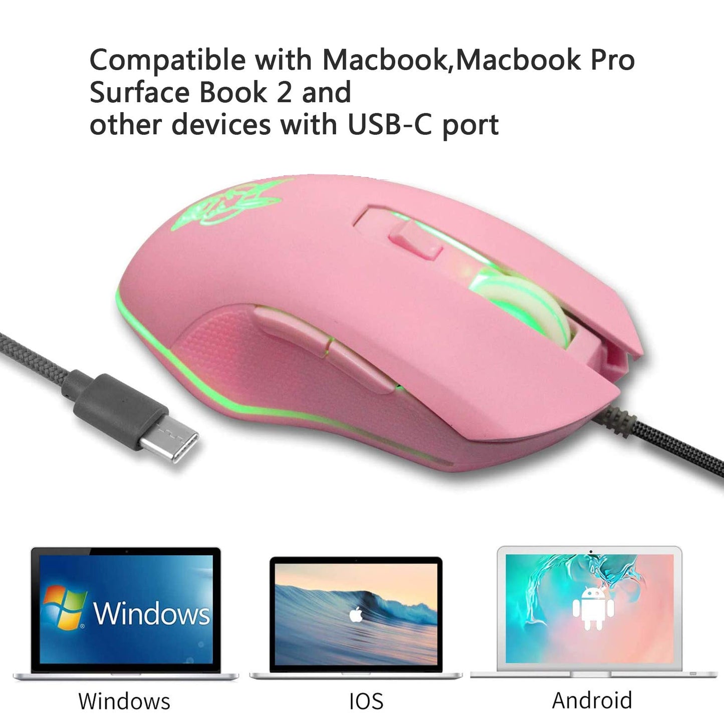 IULONEE USB Type C Wired Mouse - Silent Optical Gaming Mouse, 2400 DPI, 6 Buttons, Ergonomic Design, Type-C Pink