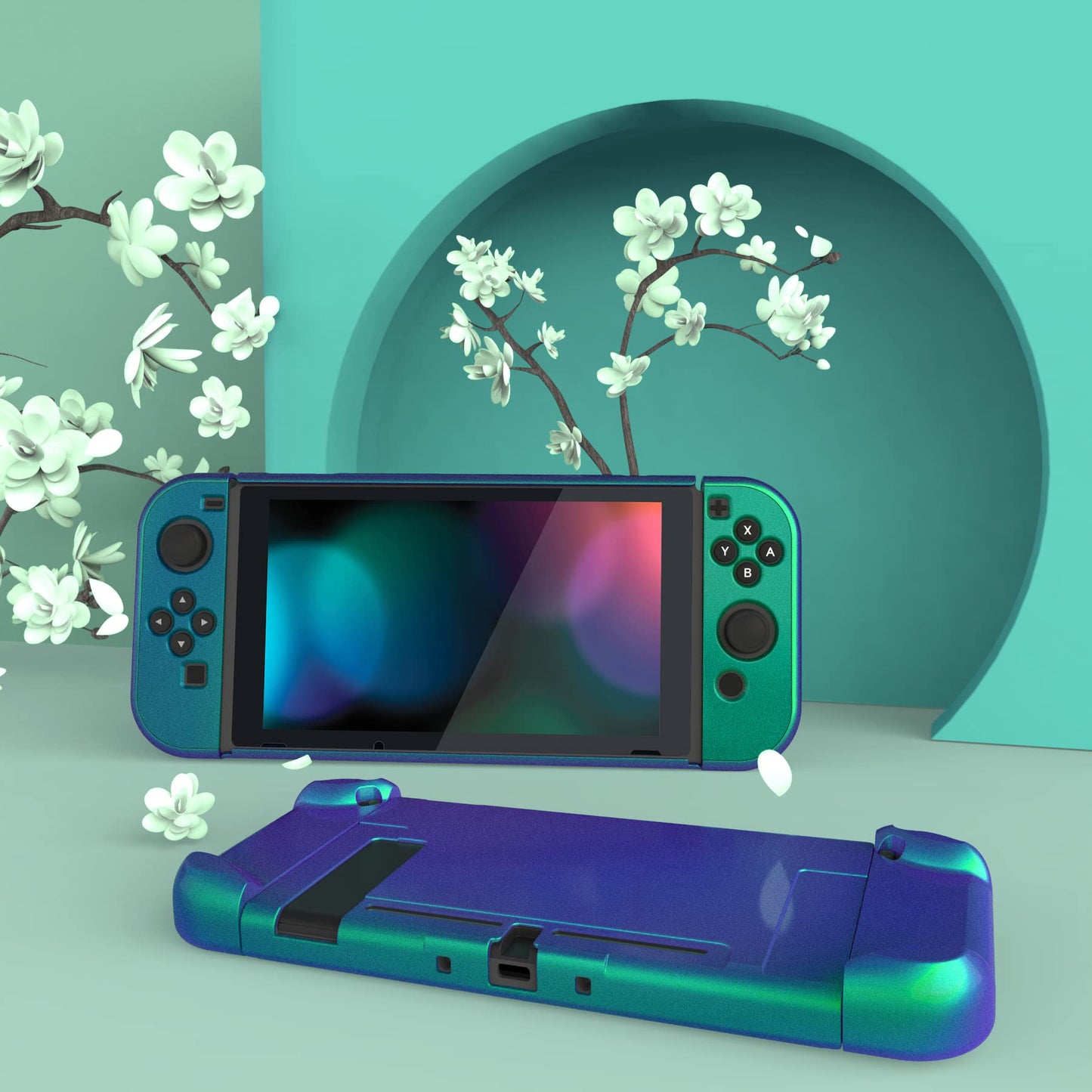 eXtremeRate PlayVital Glossy Back Cover for Nintendo Switch - Chameleon Green Purple, Hard Shell, Dockable, Model NTP304
