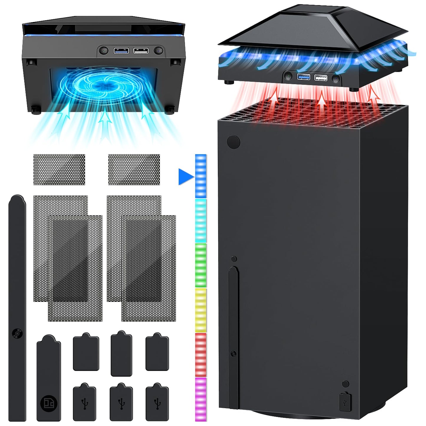 YUANHOT RGB Cooling Fan for Xbox Series X - Adjustable 3 Gears, LED Lights, Dust Cover, Extended USB Ports