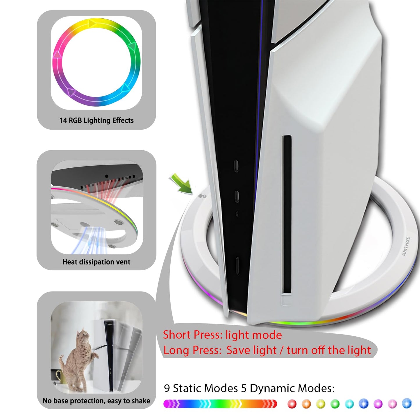 AJKTHGE RGB Vertical Stand for PS5/PS5 Slim/Pro – 14 Light Modes, White, Model P0901