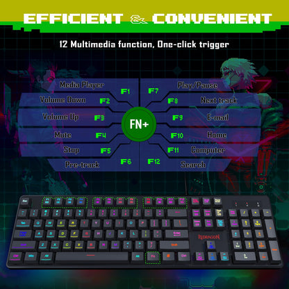 Redragon K509 RGB Gaming Keyboard, 104 Keys, Low Profile, Anti-Ghosting, Black