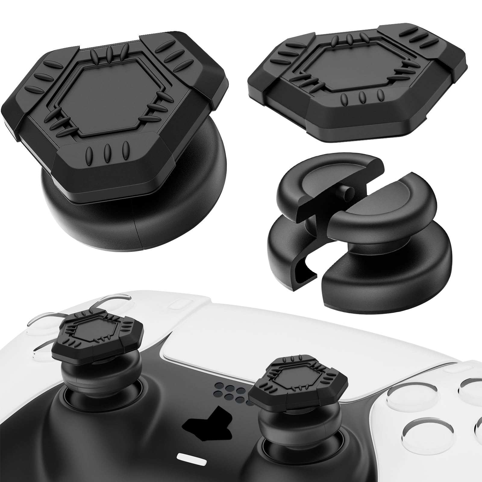 PlayRealm NO Falling Off Thumbstick Extender & Silicone Grip Cover 2 Sets for PS5 & PS4 Controller (UFO Black)
