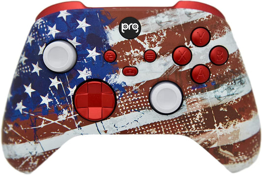 Hand Airbrushed Fade Custom Controller Compatible with Xbox Series X/S & Xbox One (Series X/S U.S Flag W/Red Inserts)
