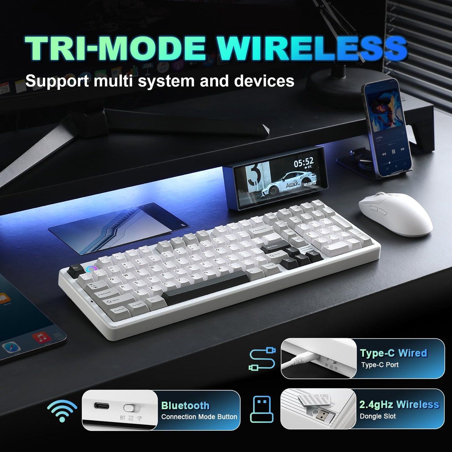 YUNZII AL98 Wireless Mechanical Gaming Keyboard, RGB Backlit, Cocoa Cream V2 Switch, Full Aluminum, White, Gasket Mount, BT/2.4G/USB-C