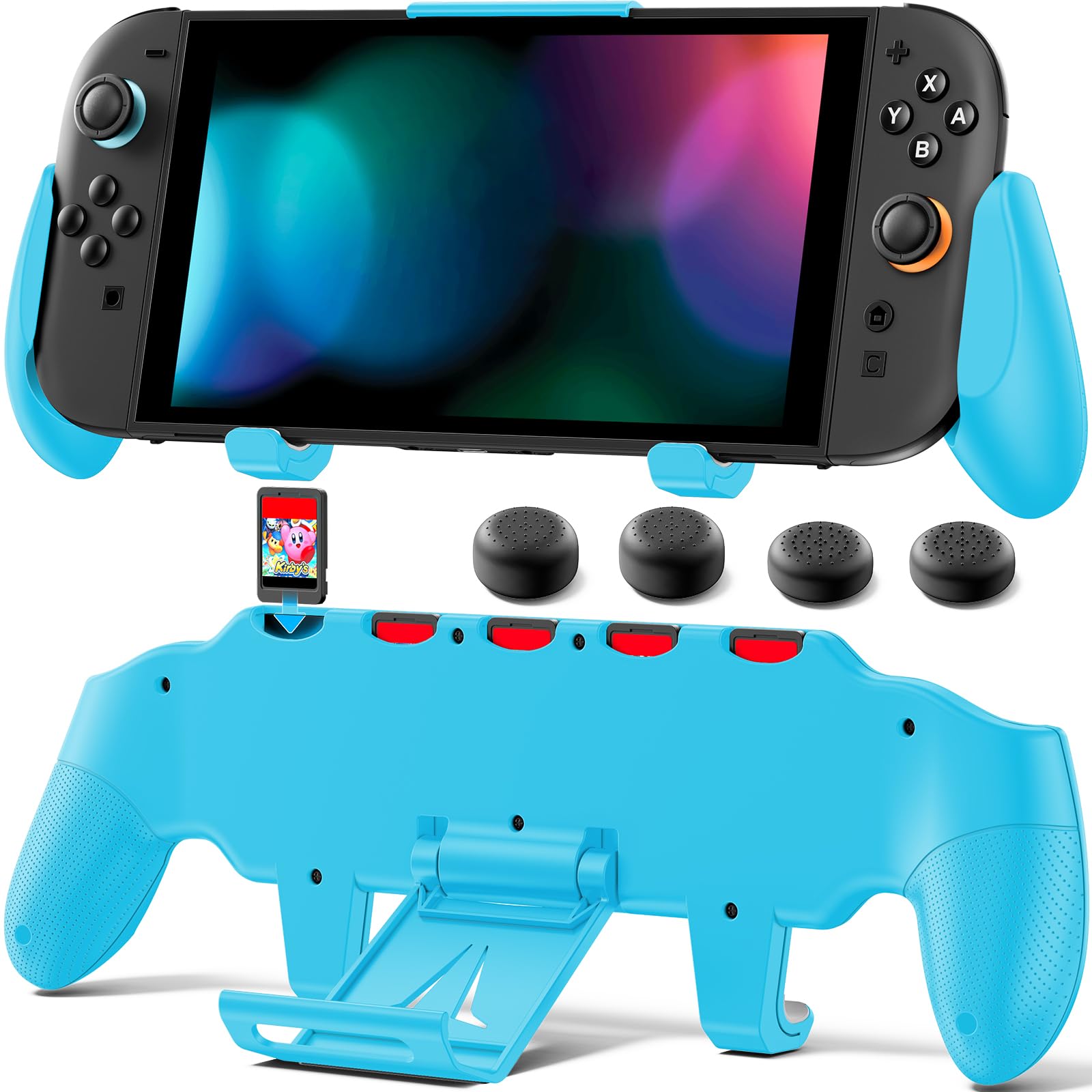 OIVO Grip Compatible with Nintendo Switch 2  Switch 2 Ergonomic Grip Case with Adjustable Stand  Comfort Game Accessories with 5 Game Card Slots and 4 Thumb Caps  Blue
