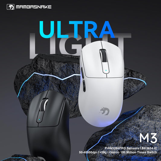 MAMBASNAKE M3 Wireless Gaming Mouse - 39g, 40K DPI, Tri Mode, Black Tape, Programmable for Win PC & Mac