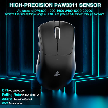 SOLAKAKA SM805 Wireless Gaming Mouse, 24000 DPI, BT5.0/2.4G/Type-C, Black, Lightweight with 2 Side Buttons, Ergonomic Design
