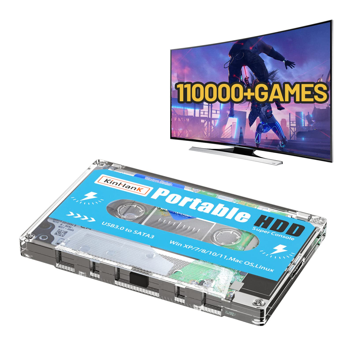 Kinhank 500G HDD Portable Game Drive Built-in 110 000+ Games  Batocera 33 Game System Compatible with 90+ Emulators Plug and Play USB3.0 Support for Windows/Laptop/PC/Mac