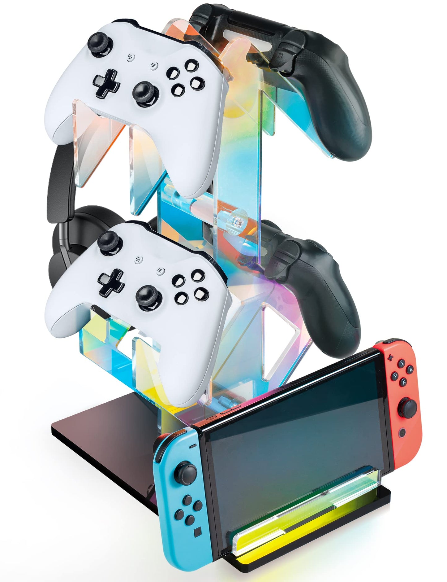 NiHome Iridescent Acrylic 2-Tier Universal Game Controller Headset Holder Rack  Modern Storage Organizer for PS5 Xbox ONE Switch Game Controllers and Headphones Anti-Slip Stable Gaming Accessory Stand