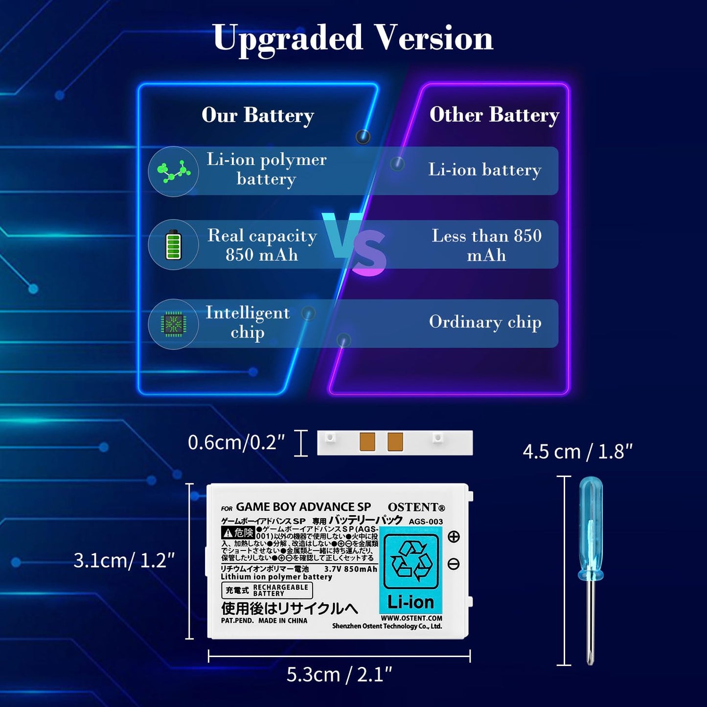 OSTENT Rechargeable Battery Pack Tool Kit for Nintendo Gameboy Advance SP - 850mAh, White, Model 024400