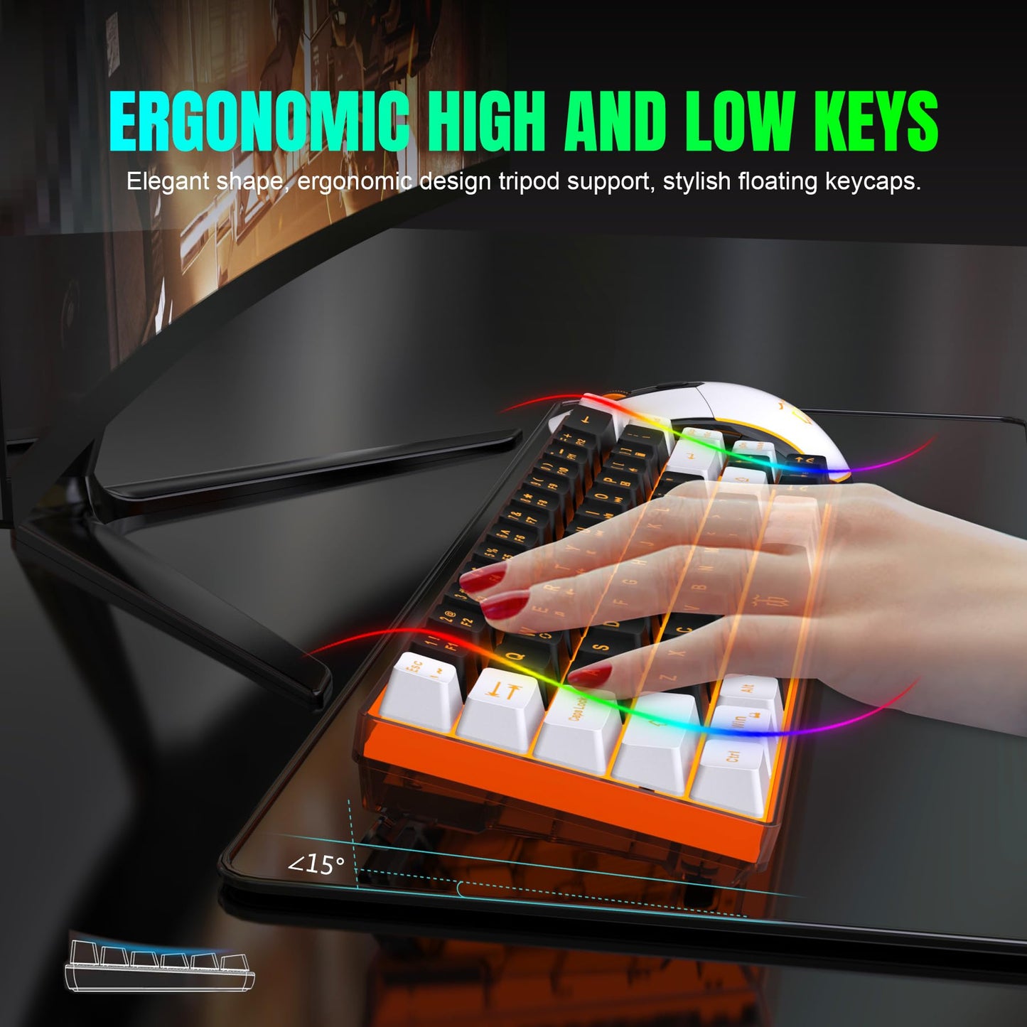 Snpurdiri 60% Wireless Gaming Keyboard & Mouse Combo, Orange Backlit, Rechargeable 2000mAh Battery, Black-White Color