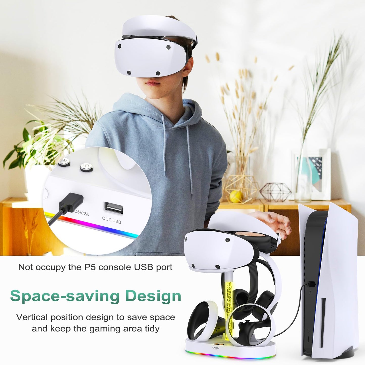 FASTSNAIL PS VR2 Charging Stand - Multifunction Vertical Dock with RGB Light Modes, Medium Size, for PlayStation VR2 Accessories