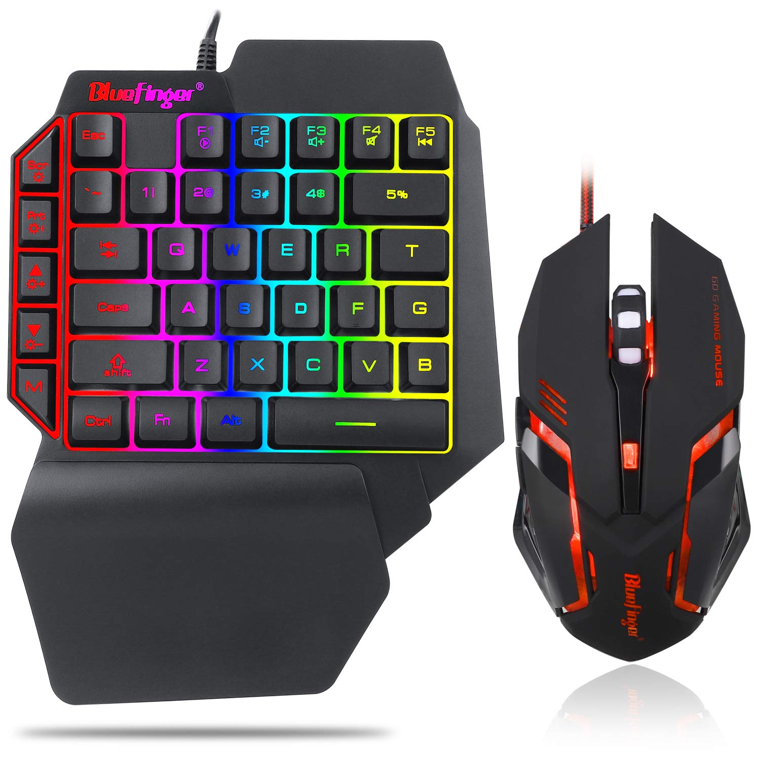 One Hand RGB Gaming Keyboard and Backlit Mouse Combo USB Wired Rainbow Letters Glow Single Hand Mechanical Feeling Keyboard with Wrist Rest Support  Gaming Keyboard Set for Game