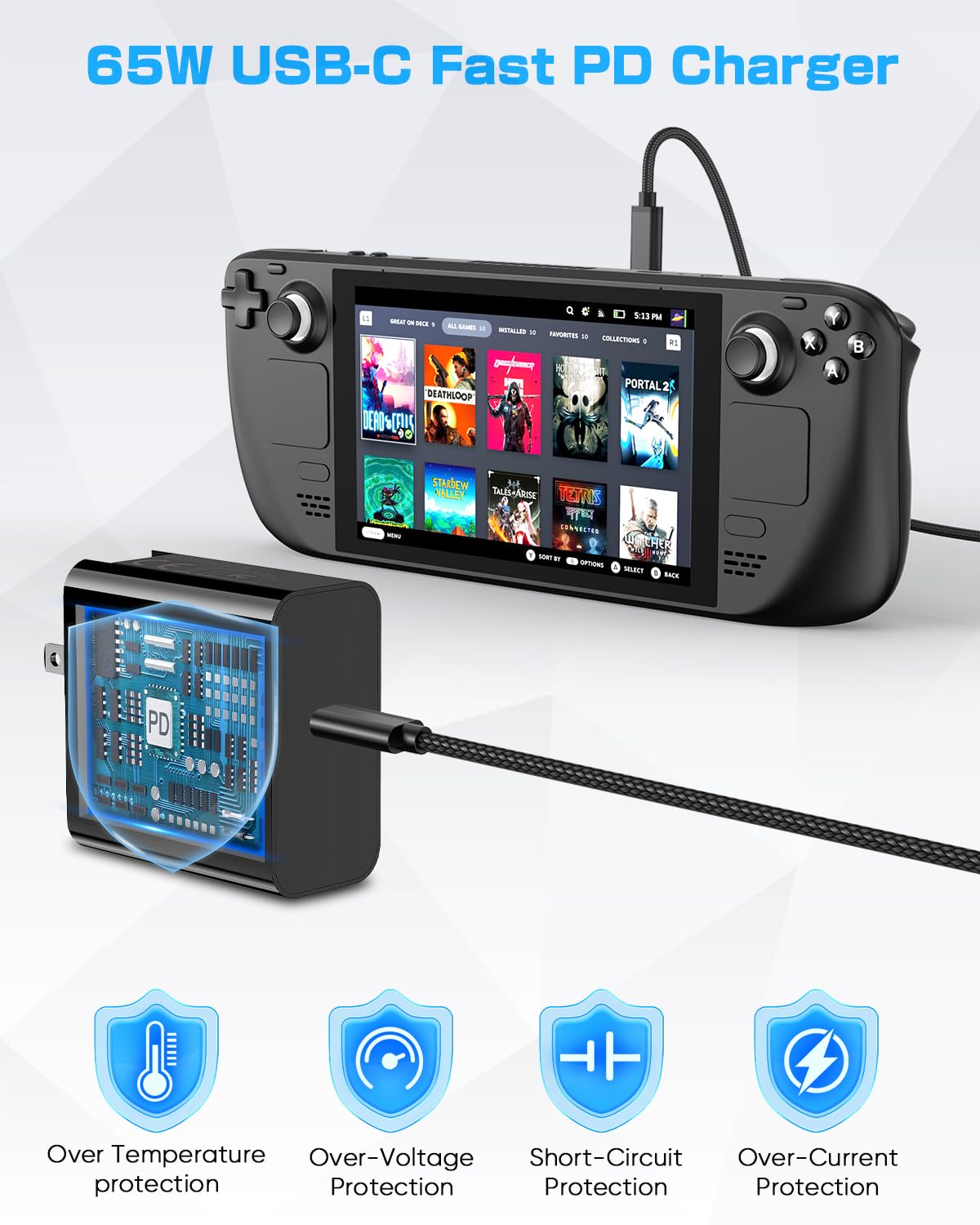 Klipdasse USB C Charger 65W Fast Power Adapter with Foldable Plug for Steam Deck, Switch, PS5, Laptop - Includes 6.5ft Type C to C Cable