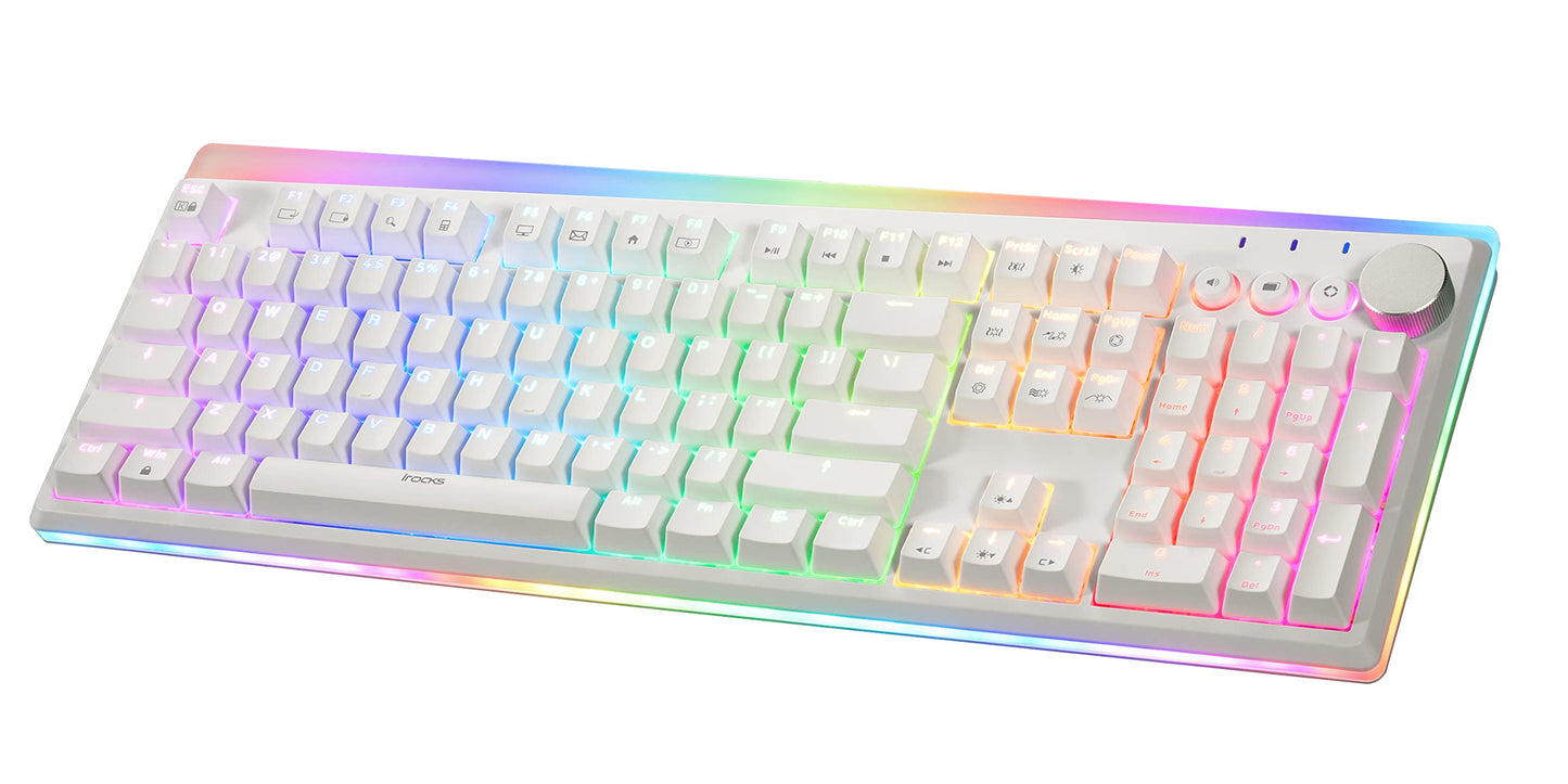 iRocks K71R Wireless RGB Mechanical Gaming Keyboard Brown Switches PBT 107 Keys NKRO RGB Backlit  Pro Keyboard for Gaming and Work Dual Interface Wireless & Wired  Windows Laptop PC Mac White