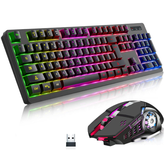 Wireless RGB Gaming Keyboard and Mouse - Rechargeable RGB Backlit Long Battery Life Mechanical Feel 7 Color Gaming Mouse for PC Game and Work