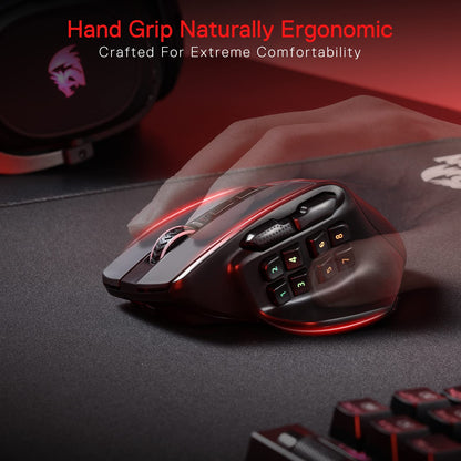 Redragon M811 PRO Wireless MMO Gaming Mouse - 15 Programmable Buttons, Ergonomic Grip, Black