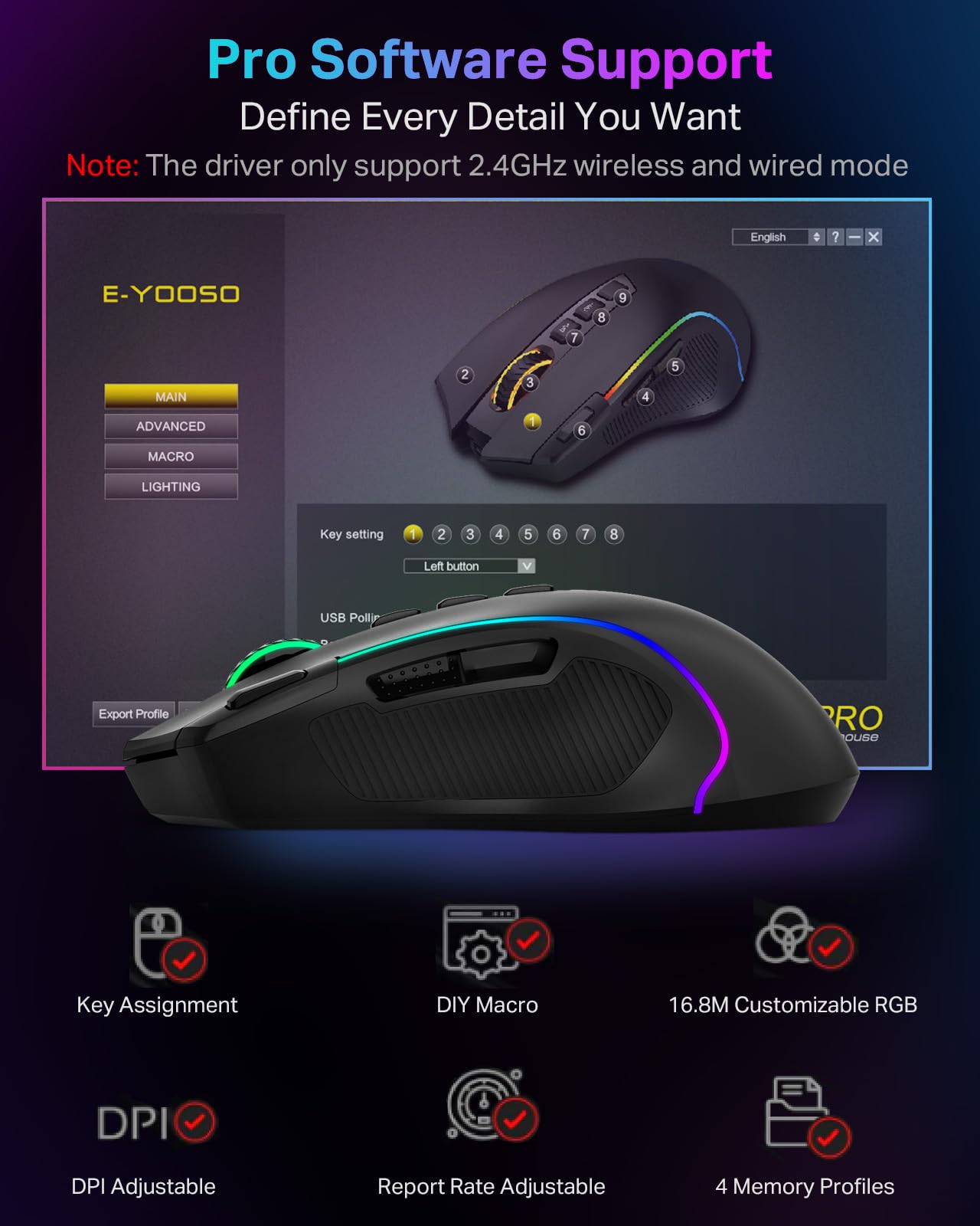 E-YOOSO x-11 PRO Gaming Mouse - Tri-Modes Wireless/Bluetooth/Wired, 8000 DPI, RGB Backlit, 9 Programmable Buttons, Black