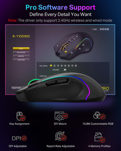 E-YOOSO x-11 PRO Gaming Mouse - Tri-Modes Wireless/Bluetooth/Wired, 8000 DPI, RGB Backlit, 9 Programmable Buttons, Black