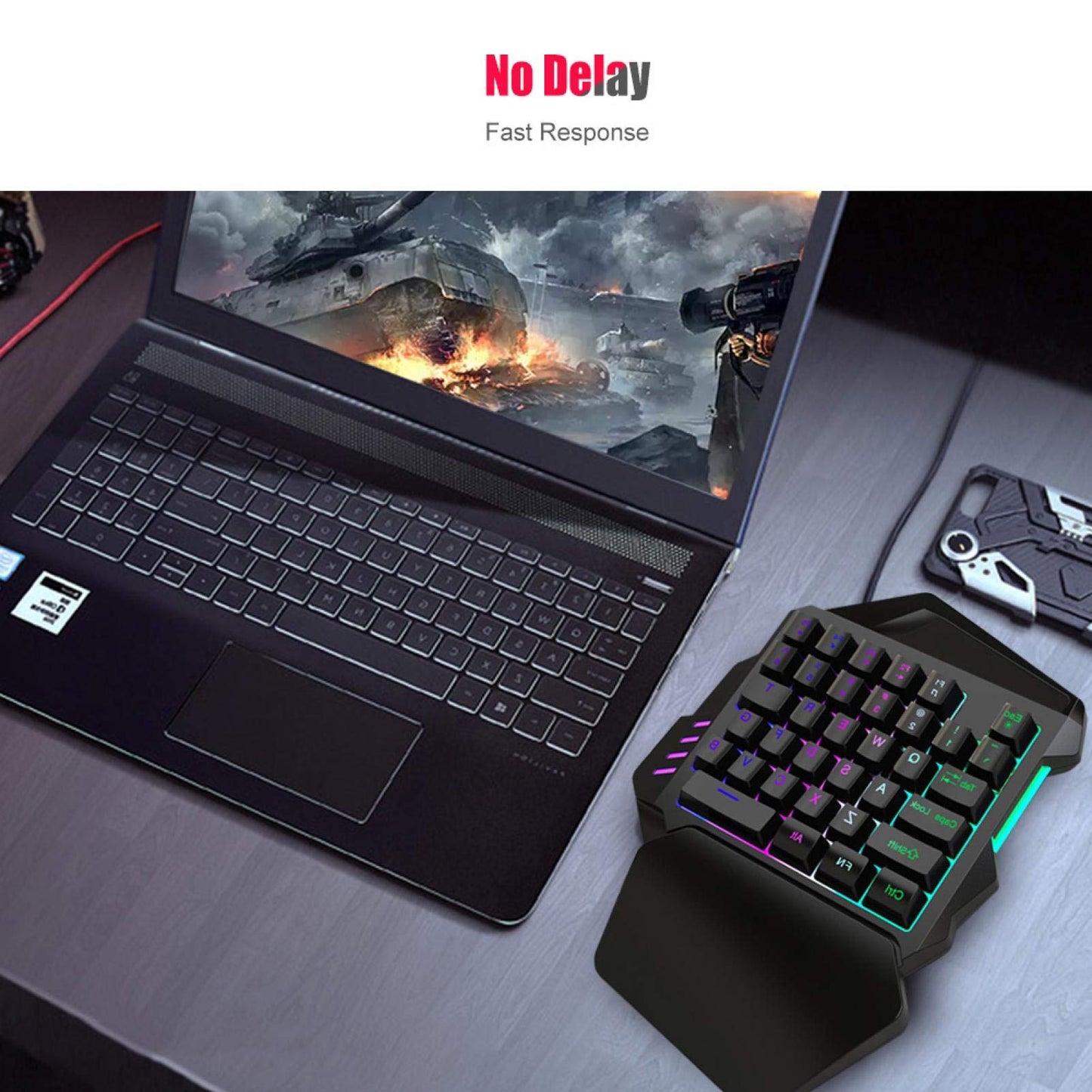 Bindpo One-Handed RGB Gaming Keyboard, 35 Keys, USB Wired with Wrist Rest Support