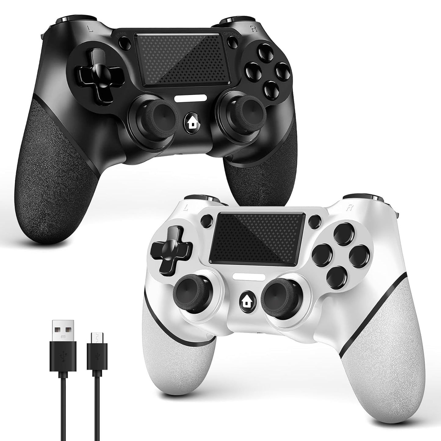 AceGamer Wireless PS4 Controller 2 Pack with Non-Slip Grip & USB-C Cable - Black and White