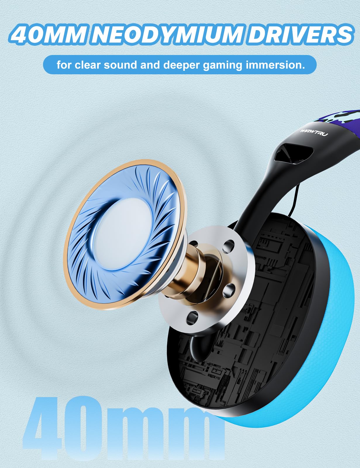 WIRWTRU S30 Gaming Headset - Wired, Noise Cancelling Mic, Lightweight 198g, Soft Earmuffs, Blue - Compatible with Xbox, PS5, PC