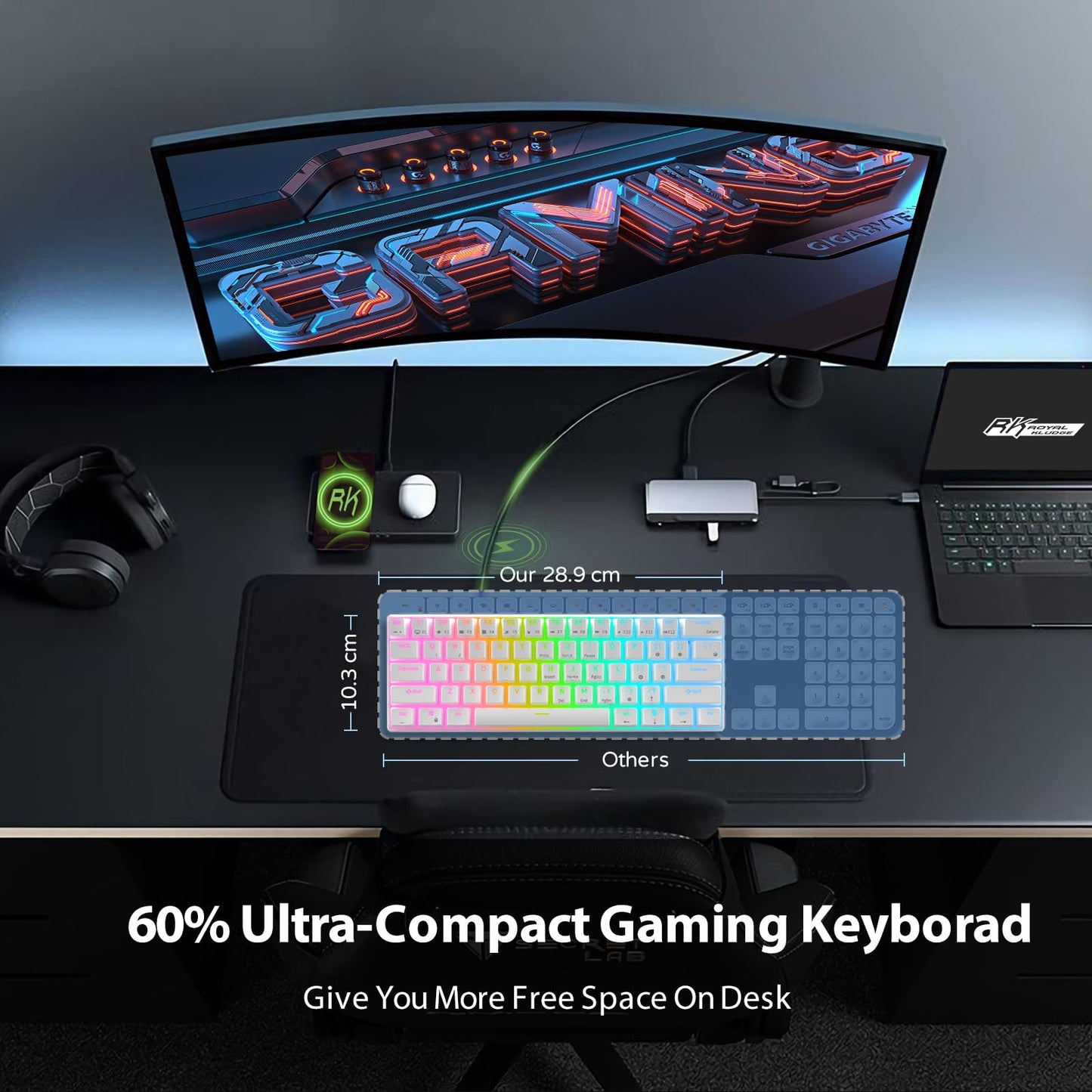 RK ROYAL KLUDGE RK61 60% Mechanical Gaming Keyboard, RGB Backlit, Hot-Swappable Blue Switch, White