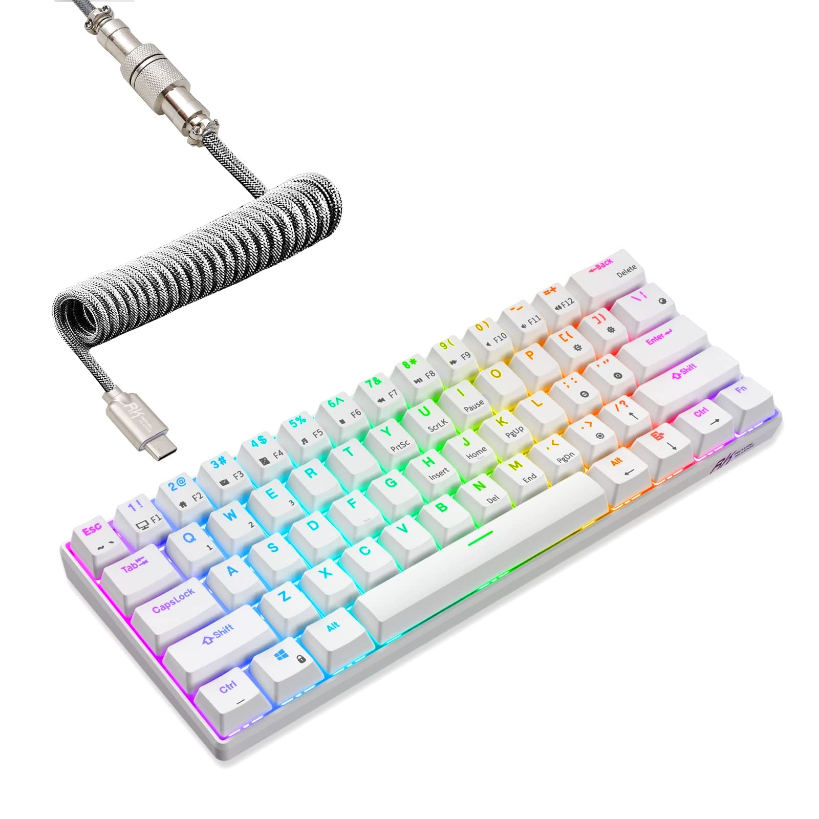 RK ROYAL KLUDGE RK61 60% Mechanical Keyboard - Hot-Swappable Brown Switch, Wireless RGB, Coiled Cable, White
