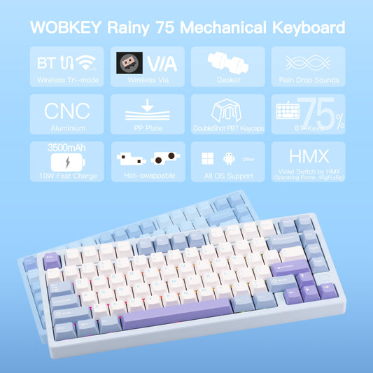 KEEBMONKEY WOBKEY Rainy 75 Mechanical Keyboard - RGB, Triple-Mode, Violet Switch, Standard - Blue