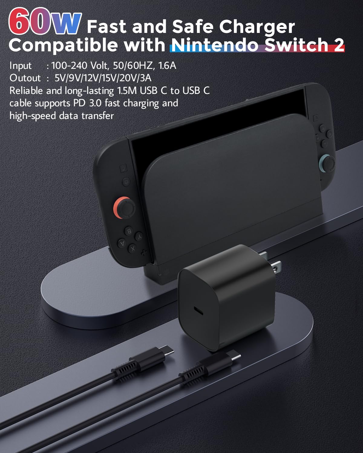 JZW-Shop 60W Fast Charging Charger for Nintendo Switch & Steam Deck - 20V 3.0A AC Adapter with 1.5M USB C Cable - Black