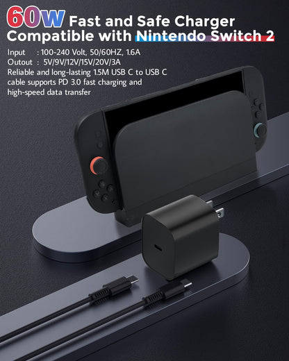 JZW-Shop 60W Fast Charging Charger for Nintendo Switch & Steam Deck - 20V 3.0A AC Adapter with 1.5M USB C Cable - Black