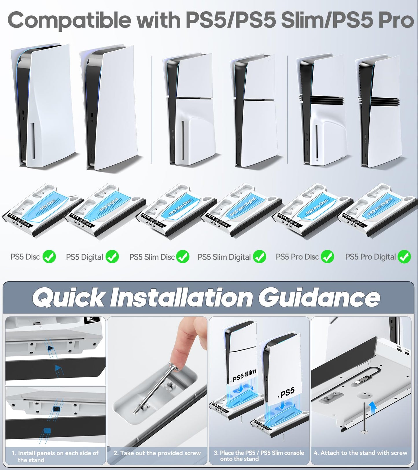Rysker PS-5 Cooling Stand with RGB Lighting, Controller Charger & 3 USB Ports - Disc & Digital Version - White & Black