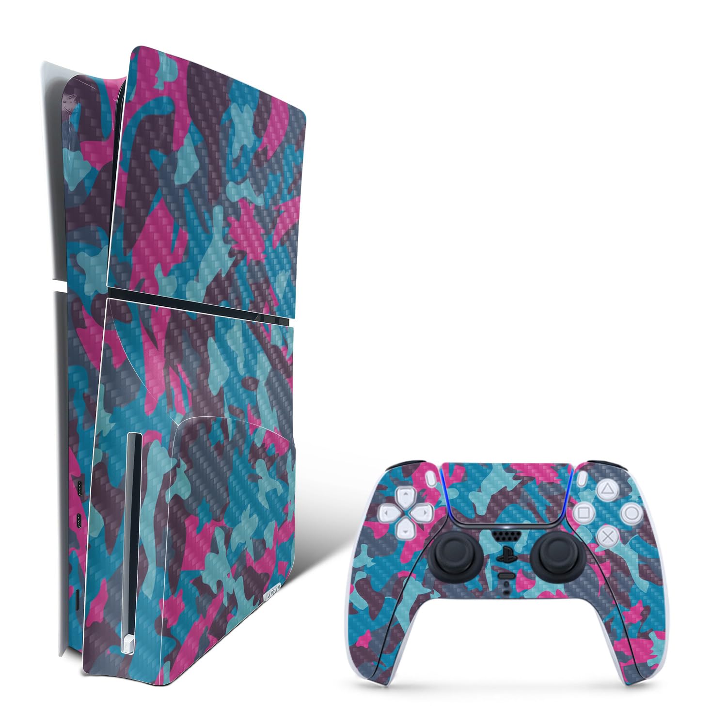 MightySkins Carbon Fiber Skin for PS5 Playstation 5 Slim Disc Edition Bundle - Cool Blue Pink Camo Protective  Durable Textured Carbon Fiber Finish Easy to Apply Made in The USA