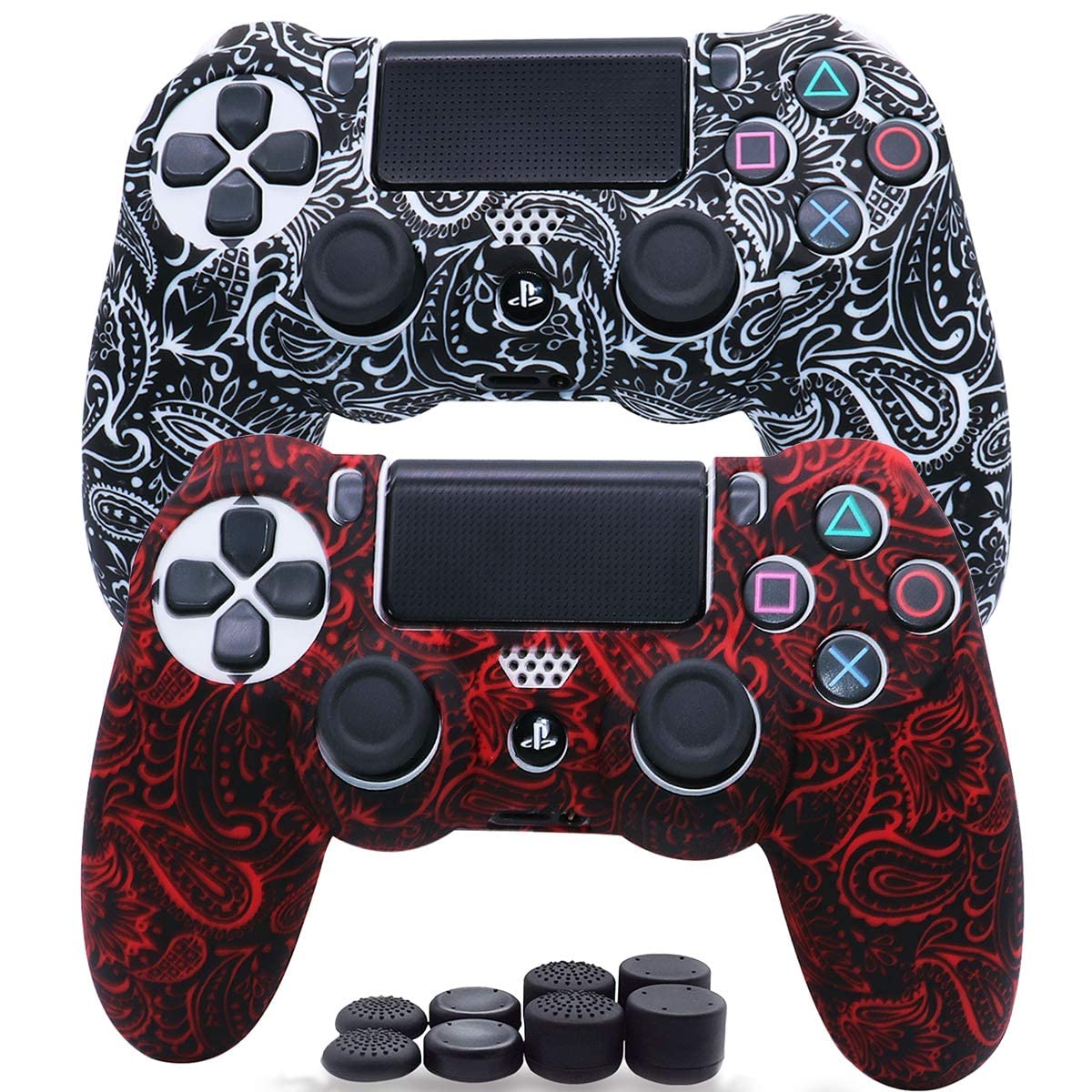 Sofunii PS4 Controller Skin - Anti-Slip Silicone Cover with 8 Thumb Grips, Black White