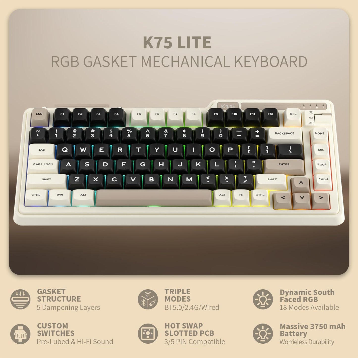 KZZI K75 Lite 75% Wireless Mechanical Keyboard - RGB, 3-Mode Knob, Hot Swappable, Star Rock Black