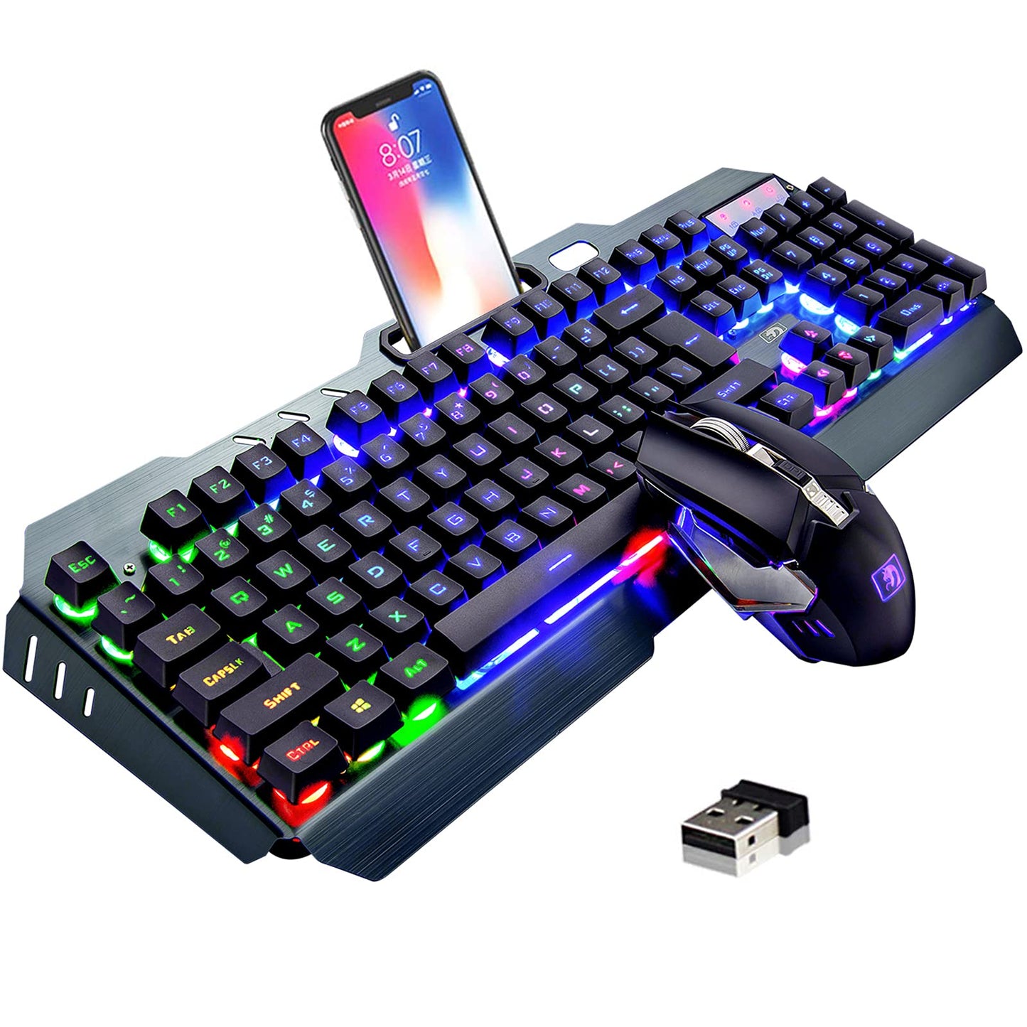 LexonElec Wireless Gaming Keyboard & Mouse Combo, Rechargeable, Rainbow Backlit, Metal Panel, Black Mix LED