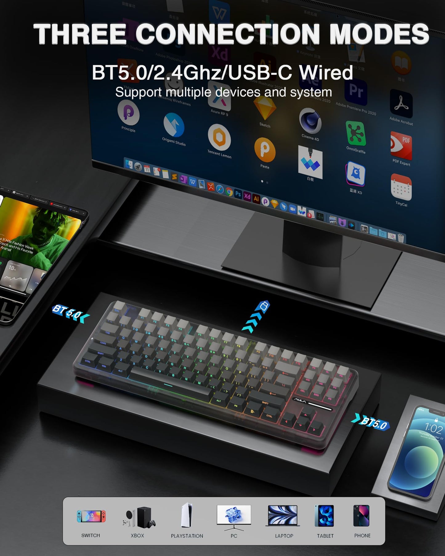 AULA F87 Pro Wireless Mechanical Keyboard - Tri-Mode BT5.0/2.4GHz/USB-C, Hot Swappable, RGB Backlit, Black, 75% TKL Design