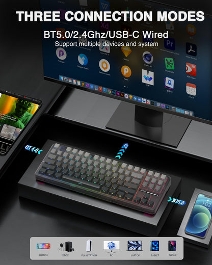AULA F87 Pro Wireless Mechanical Keyboard - Tri-Mode BT5.0/2.4GHz/USB-C, Hot Swappable, RGB Backlit, Black, 75% TKL Design