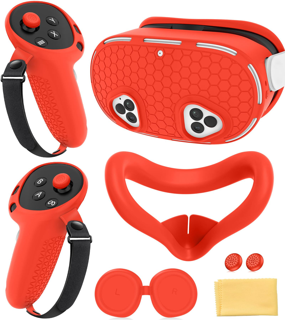 Silicone Cover Set Compatible with Meta Quest 3S Accessories  VR Protector Face Cover  Controller Grips  Front Shell Headset Cover and Lens Protective Cover  Not Fit Quest 3S (Red)
