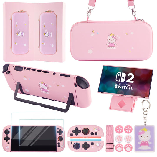 GUTIAL Accessories Bundle for Nintendo Switch 2 2025 - Cute Kawaii NS 2 Accessories kit for Grils Boys Kids with Travel Carrying Case and Cartoon Dockable Cover Case  Screen Protector  Stand - Pink