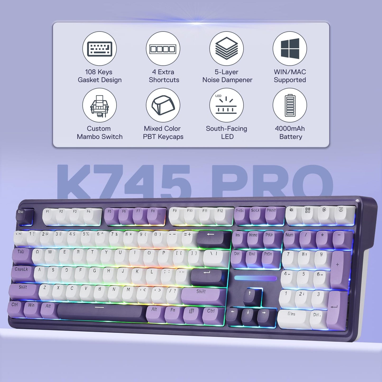 Redragon K745 PRO Wireless RGB Mechanical Gaming Keyboard, 108 Keys, Mint Mambo Switch, Charming Purple, Hot-Swap, Noise Dampening