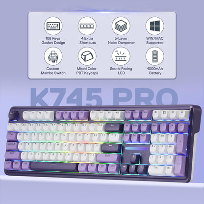 Redragon K745 PRO Wireless RGB Mechanical Gaming Keyboard, 108 Keys, Mint Mambo Switch, Charming Purple, Hot-Swap, Noise Dampening