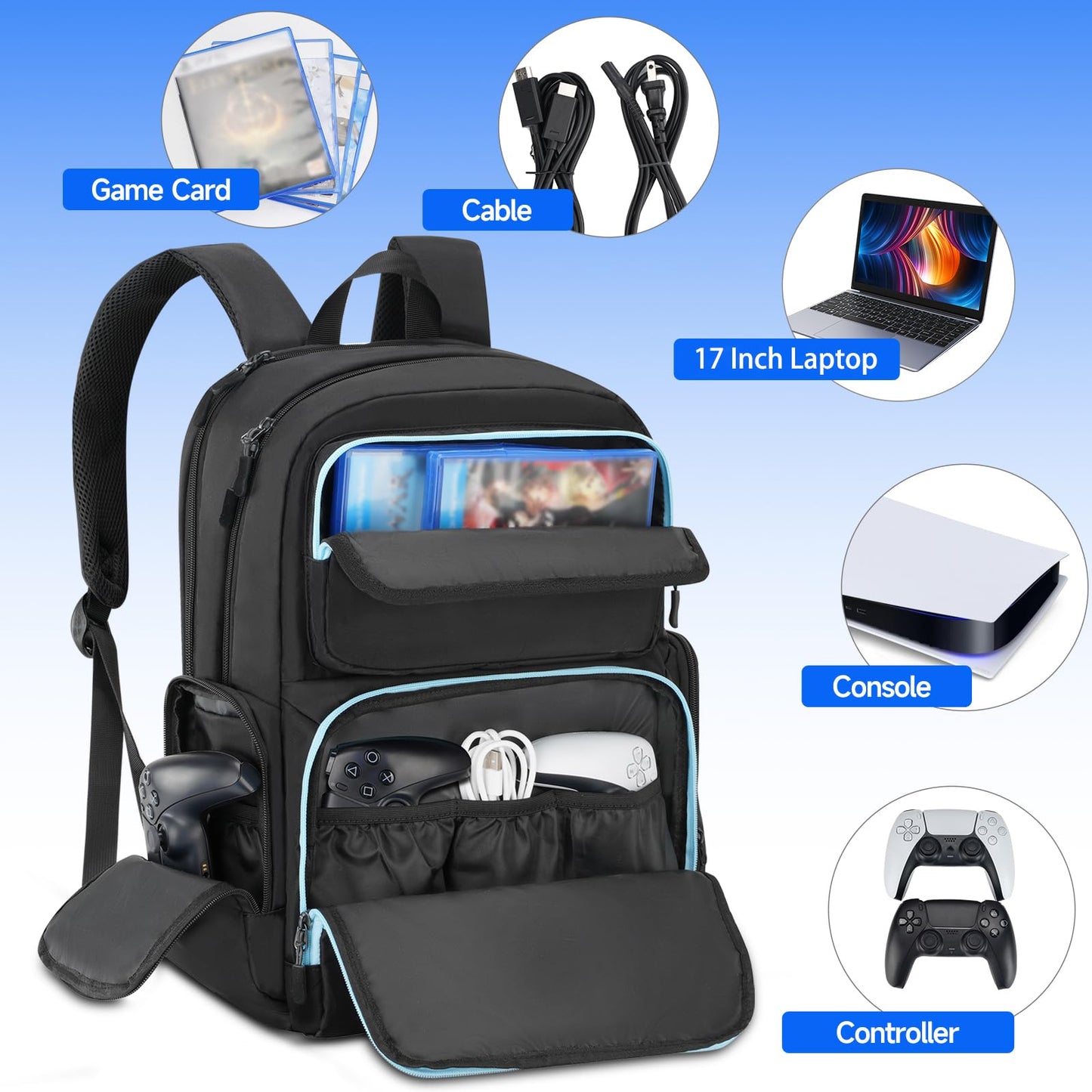 Deegotech PS5 Carrying Case - Travel Backpack with Multiple Pockets, 12.5x6.5x17.5 inches, Black & Blue, Model 614100BBE00