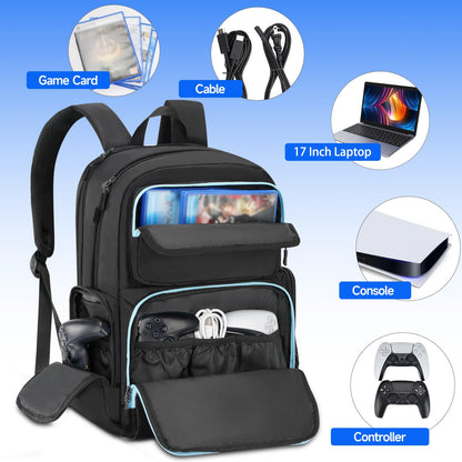 Deegotech PS5 Carrying Case - Travel Backpack with Multiple Pockets, 12.5x6.5x17.5 inches, Black & Blue, Model 614100BBE00