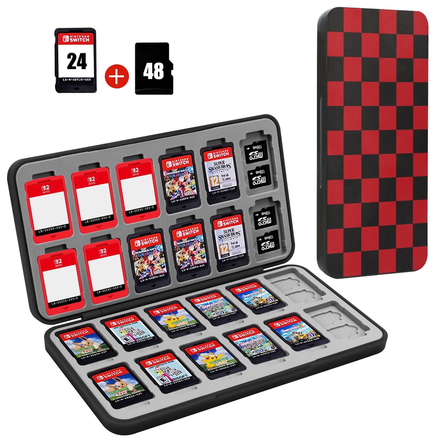 FYY Nintendo Switch Game Case Holder for Switch 2 refill unit Case with 24 Game Card sections & 48 Micro SD Card sections  Hard Shell  Silicone Lining Black Red Squares