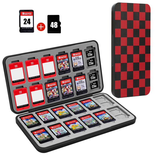 FYY Nintendo Switch Game Case Holder for Switch 2 refill unit Case with 24 Game Card sections & 48 Micro SD Card sections  Hard Shell  Silicone Lining Black Red Squares