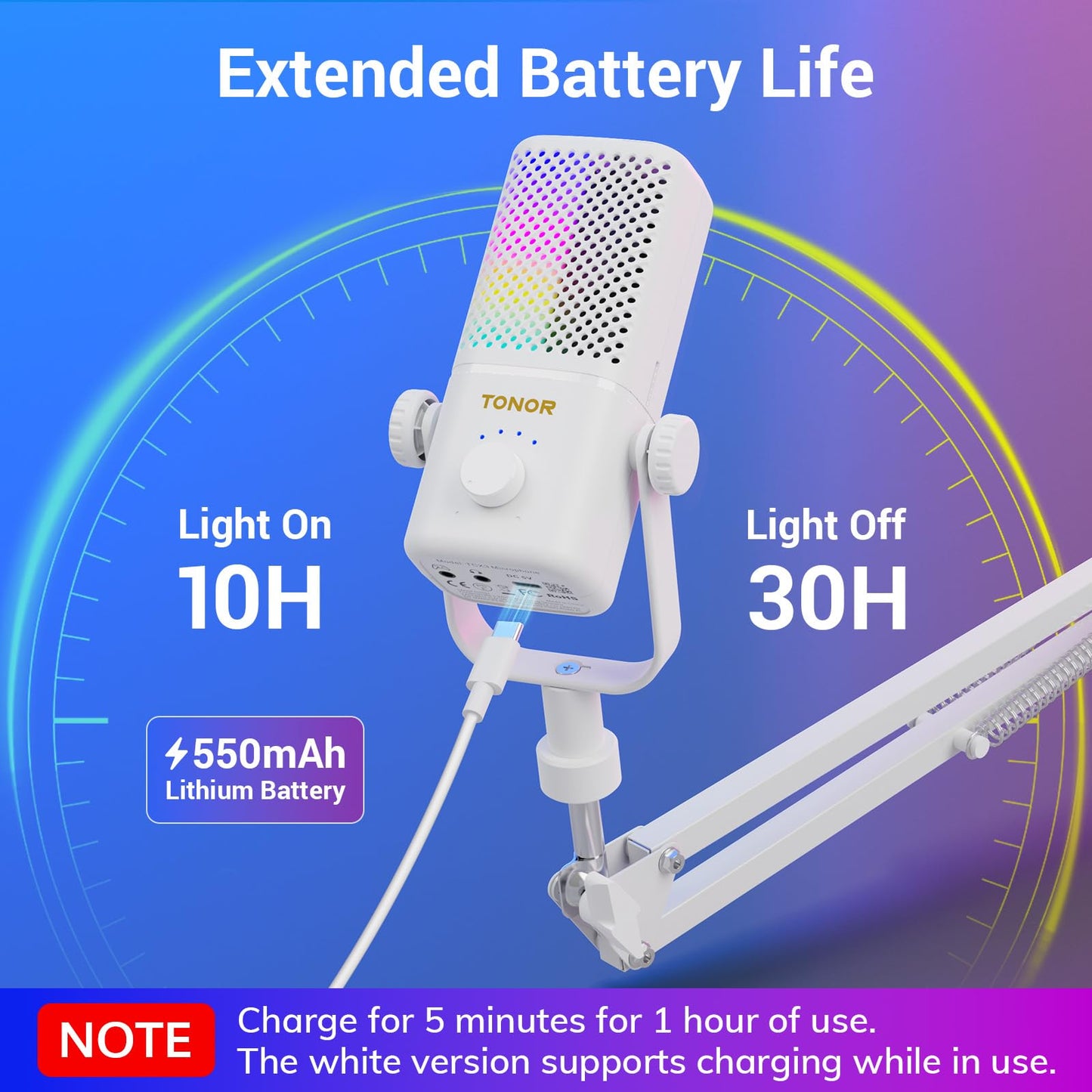 TONOR Gaming Mic TCX3+ - RGB Streaming Boom Mic, 30H Battery Life, Low Noise, White, 16.14x5.67x5.04IN
