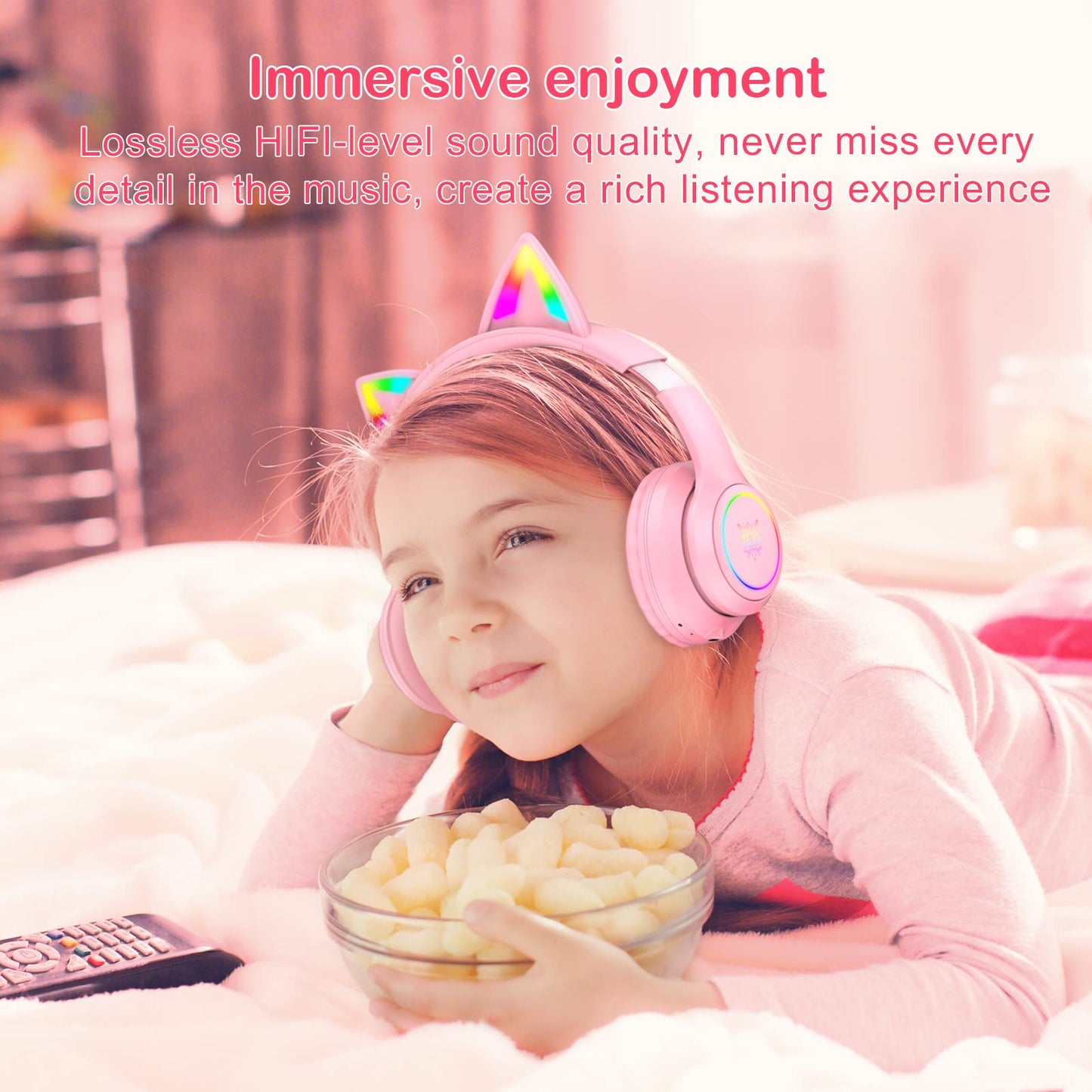 SIMGAL B90 Bluetooth Cat Ear Headphones for Kids - Foldable, Wired/Wireless, Pink, with Mic & RGB LED Light