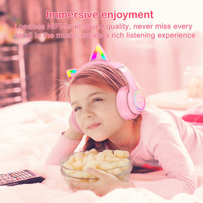SIMGAL B90 Bluetooth Cat Ear Headphones for Kids - Foldable, Wired/Wireless, Pink, with Mic & RGB LED Light